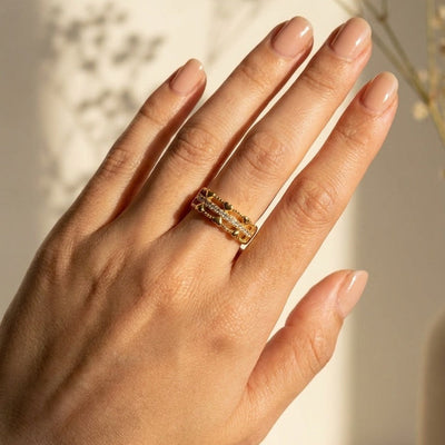 Hand wearing a gold ring with a blurred natural background